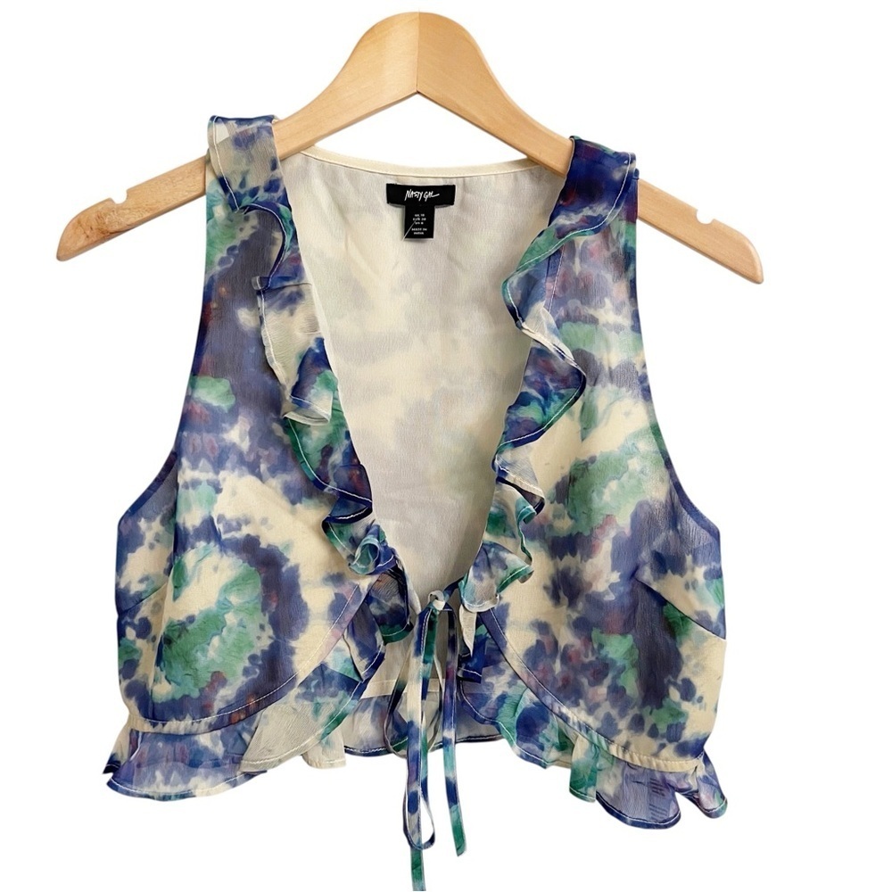 Nasty Gal Tie Dye Printed Chiffon Ruffle Tie Front Vest Blouse Size 6 - Picture 2 of 7